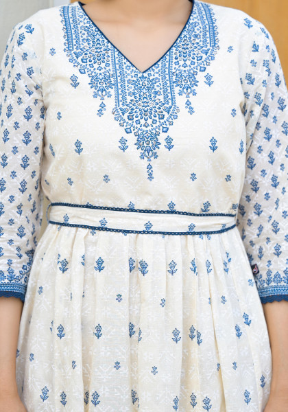 Ivory  Ethnic Motif Cotton Long dress With Belt & Lace Detail