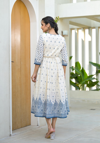 Ivory  Ethnic Motif Cotton Long dress With Belt & Lace Detail