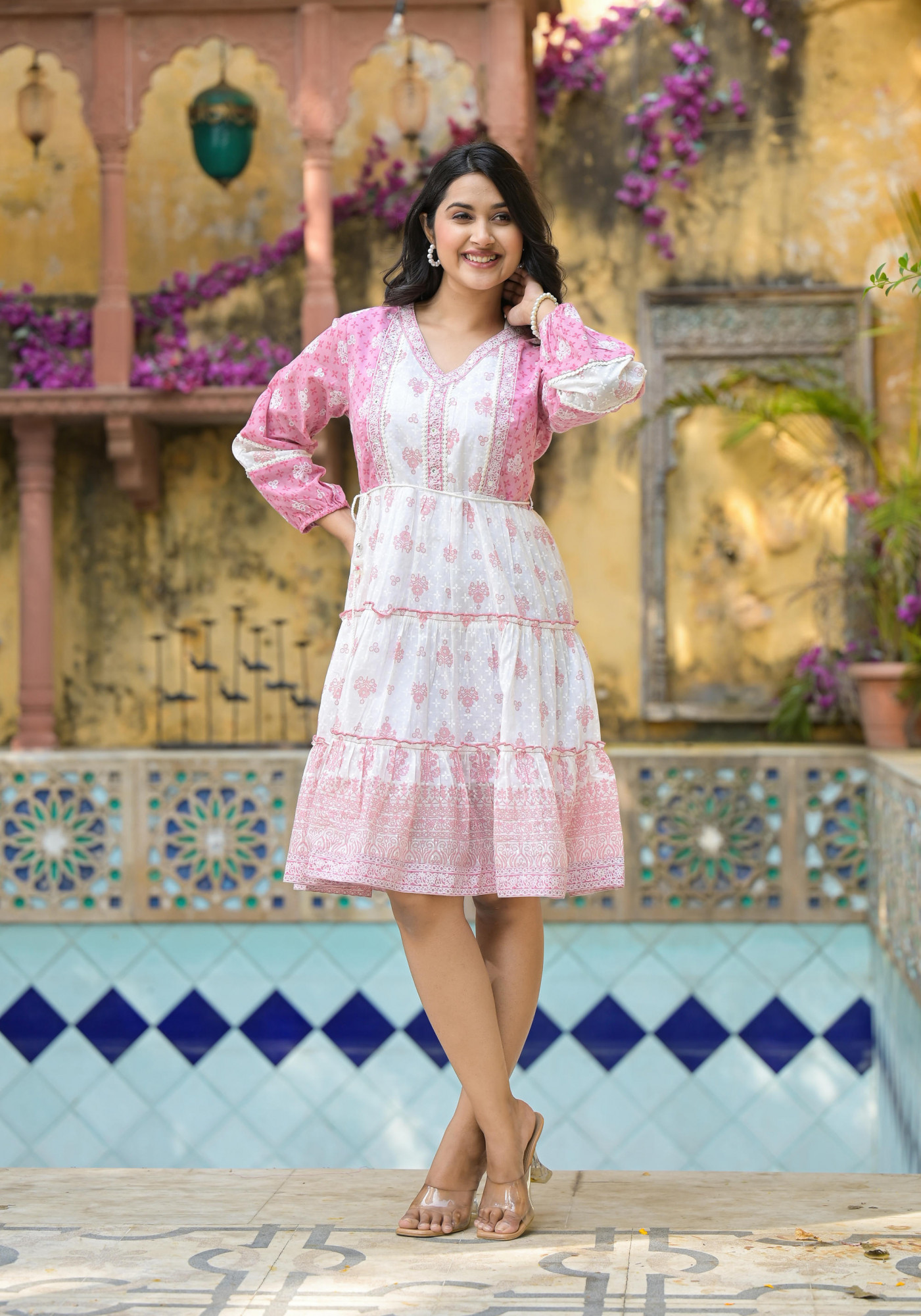 Onion Pink Ethnic Motif Printed Cotton Short Dress With Mirror Work & Lace