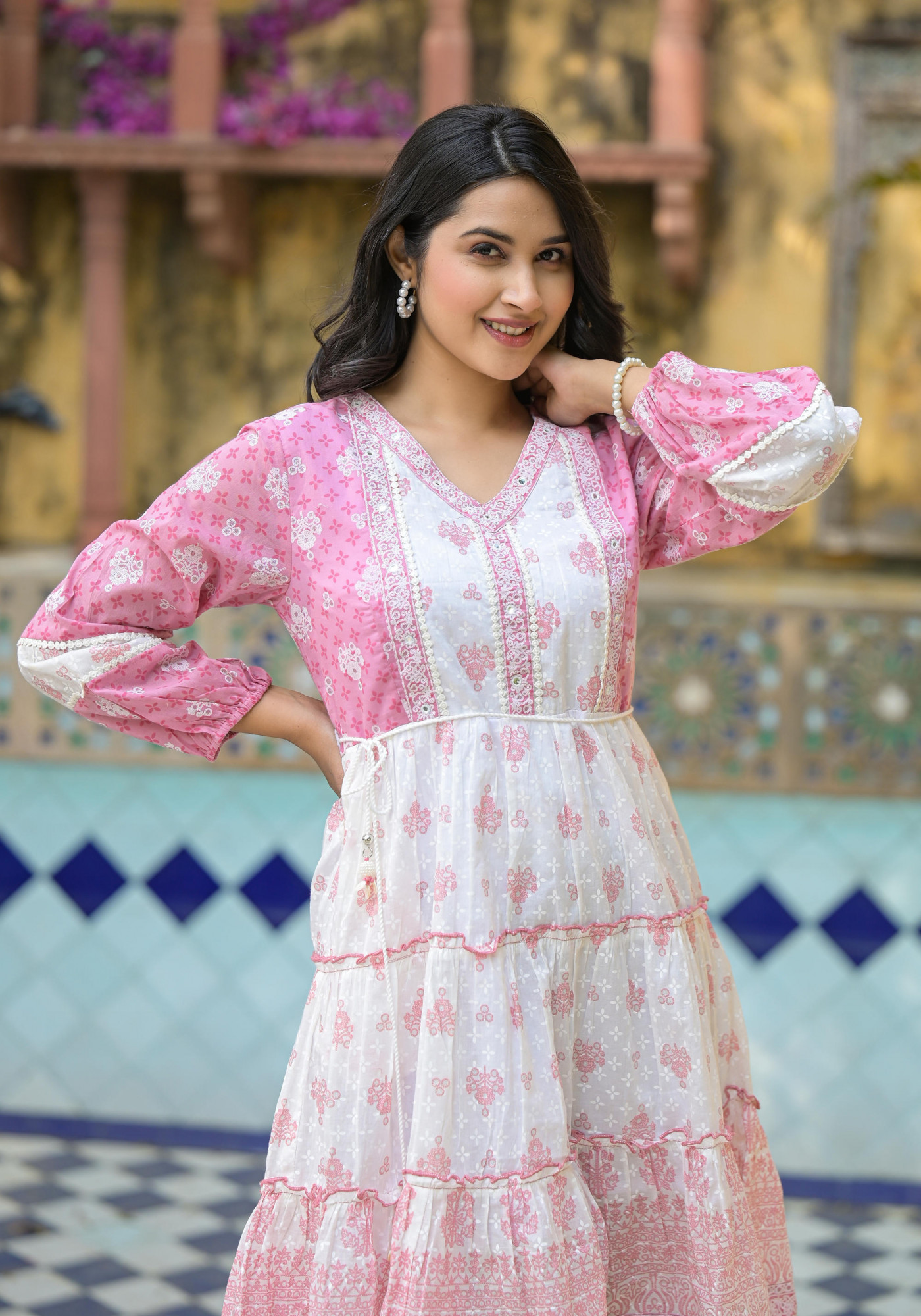 Onion Pink Ethnic Motif Printed Cotton Short Dress With Mirror Work & Lace