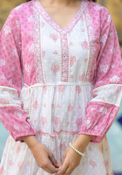 Onion Pink Ethnic Motif Printed Cotton Short Dress With Mirror Work & Lace