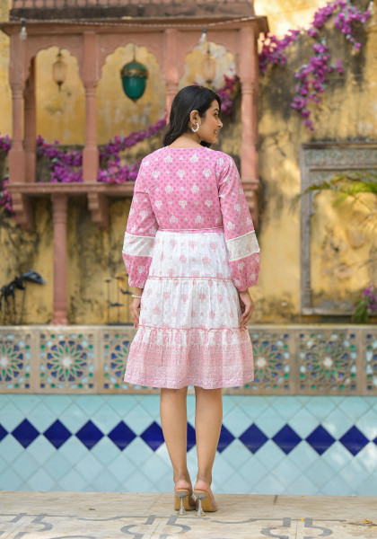 Onion Pink Ethnic Motif Printed Cotton Short Dress With Mirror Work & Lace