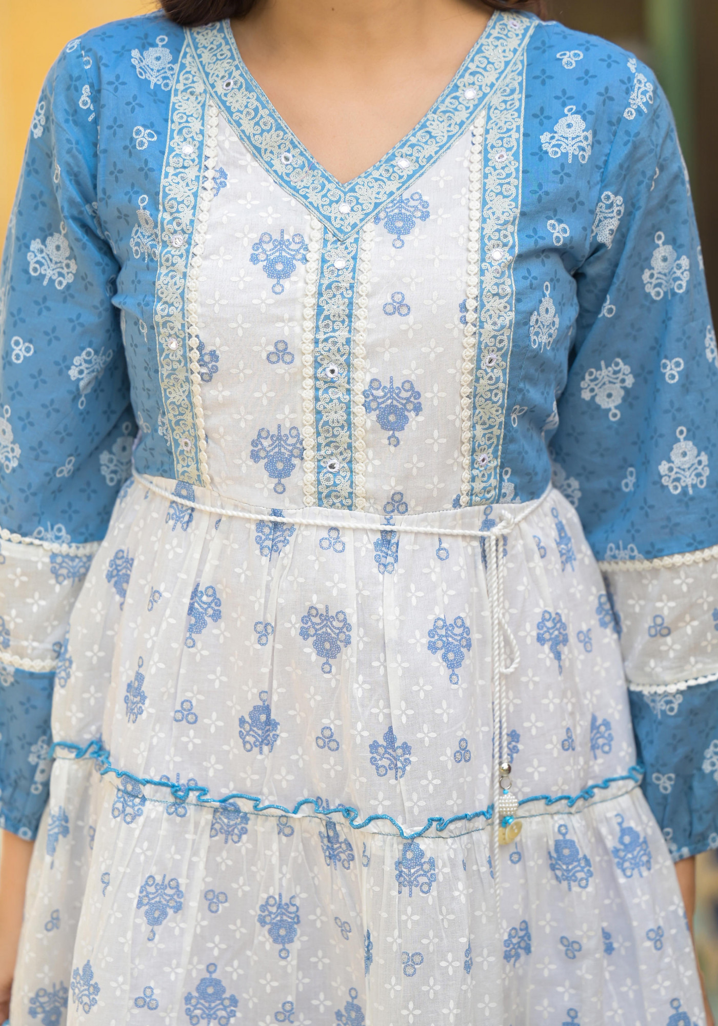 Powder Blue Ethnic Motif Printed Cotton Short Dress With Mirror Work & Lace