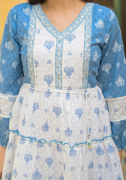 Powder Blue Ethnic Motif Printed Cotton Short Dress With Mirror Work & Lace