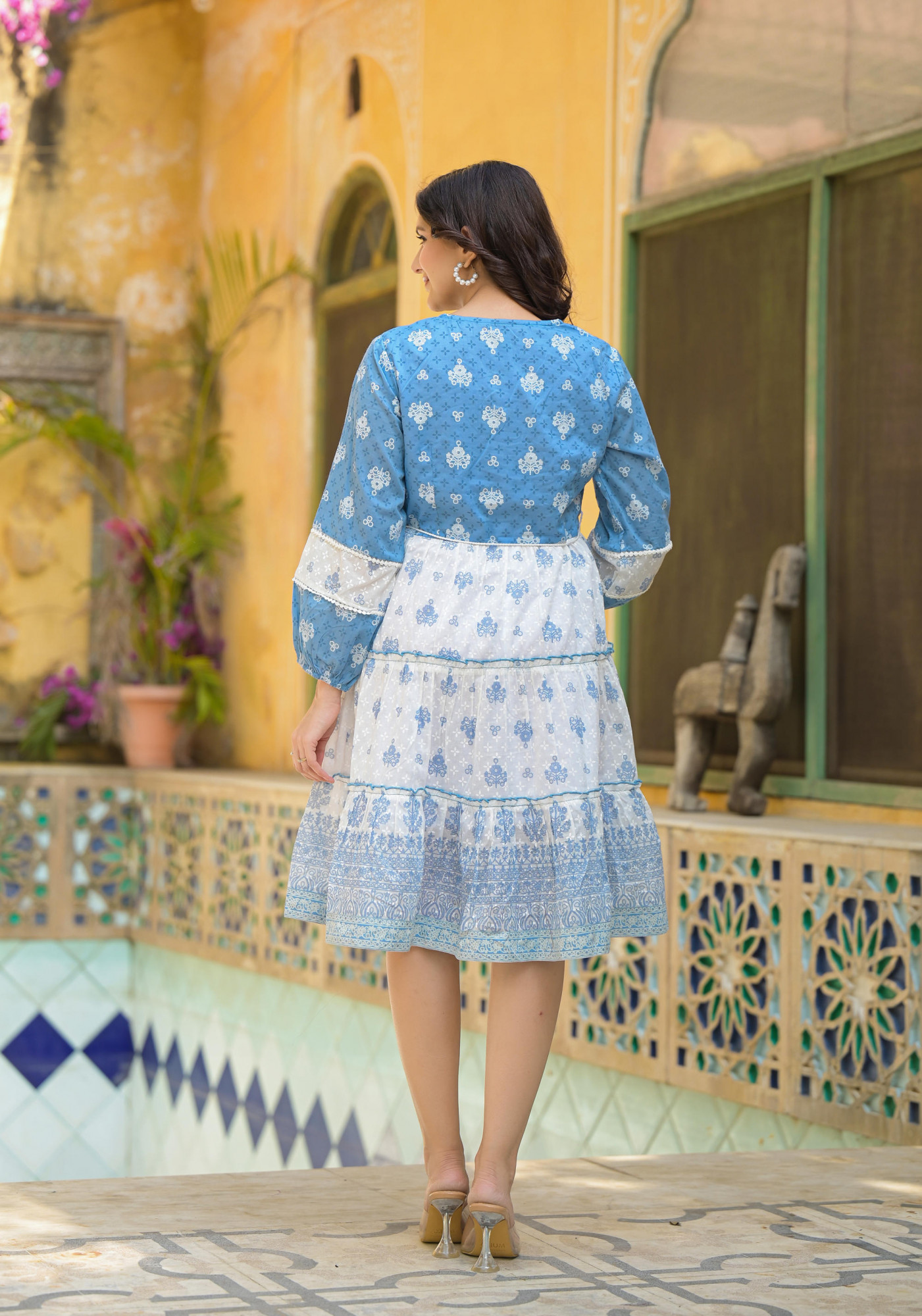 Powder Blue Ethnic Motif Printed Cotton Short Dress With Mirror Work & Lace