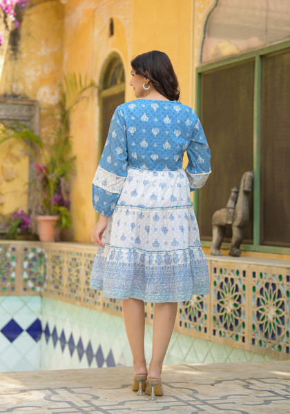 Powder Blue Ethnic Motif Printed Cotton Short Dress With Mirror Work & Lace