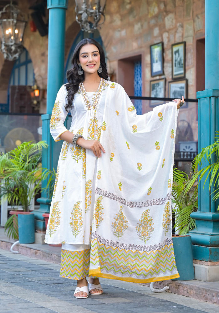White &amp; Mustard Floral Printed Cotton Kurta Pant And Dupatta Set With Mirror &amp; Thread Work