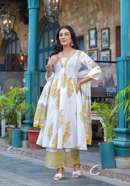 White & Mustard Floral Printed Cotton Kurta Pant And Dupatta Set With Mirror & Thread Work