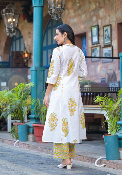 White & Mustard Floral Printed Cotton Kurta Pant And Dupatta Set With Mirror & Thread Work