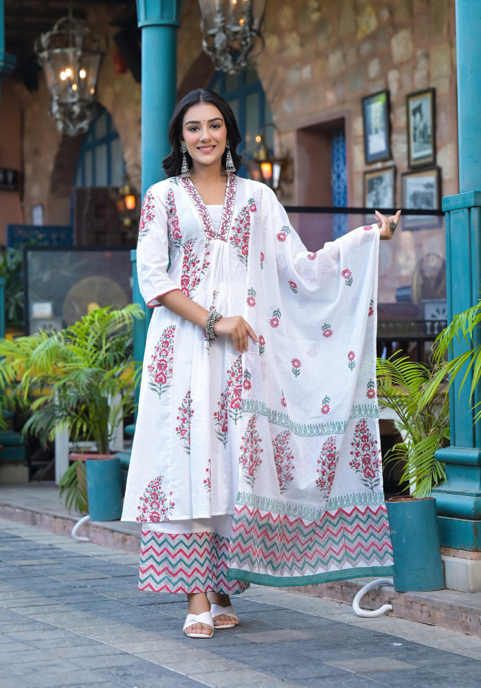 White &amp; Pink Floral Printed Cotton Kurta Pant And Dupatta Set With Mirror &amp; Thread Work