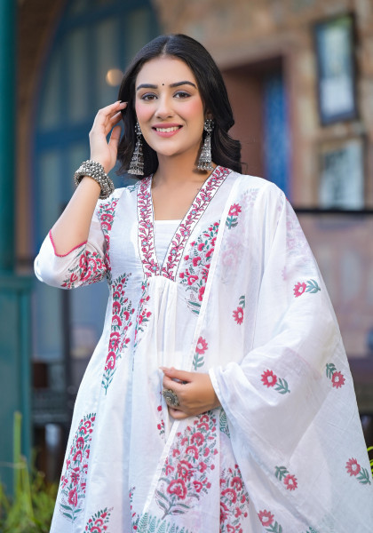 White & Pink Floral Printed Cotton Kurta Pant And Dupatta Set With Mirror & Thread Work