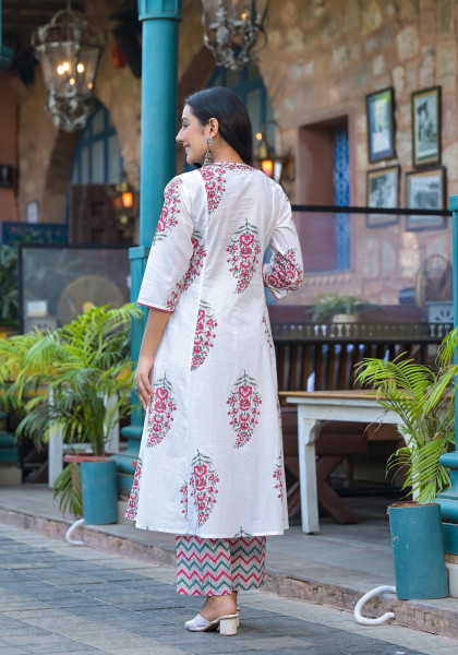 White & Pink Floral Printed Cotton Kurta Pant And Dupatta Set With Mirror & Thread Work