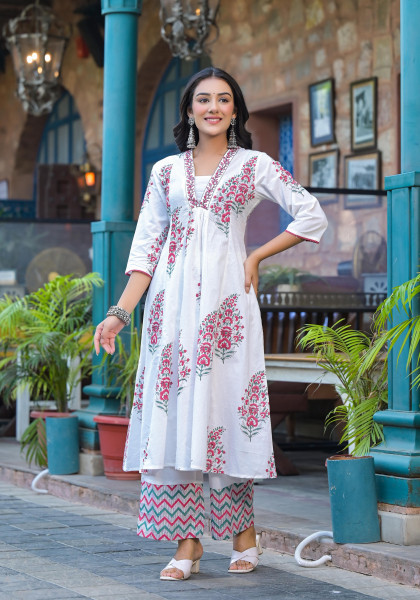 White & Pink Floral Printed Cotton Kurta Pant And Dupatta Set With Mirror & Thread Work