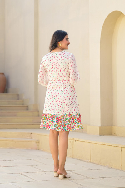 Off White Ethnic Motif Printed Short Dress With Dori
