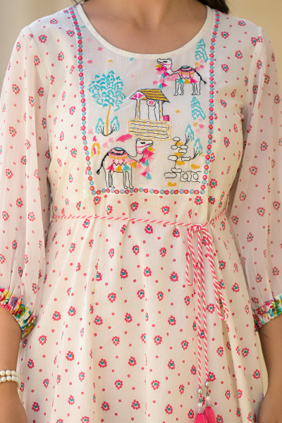 Off White Ethnic Motif Printed Short Dress With Dori