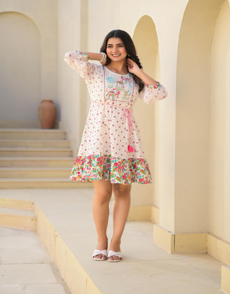 Off White Ethnic Motif Printed Short Dress With Dori