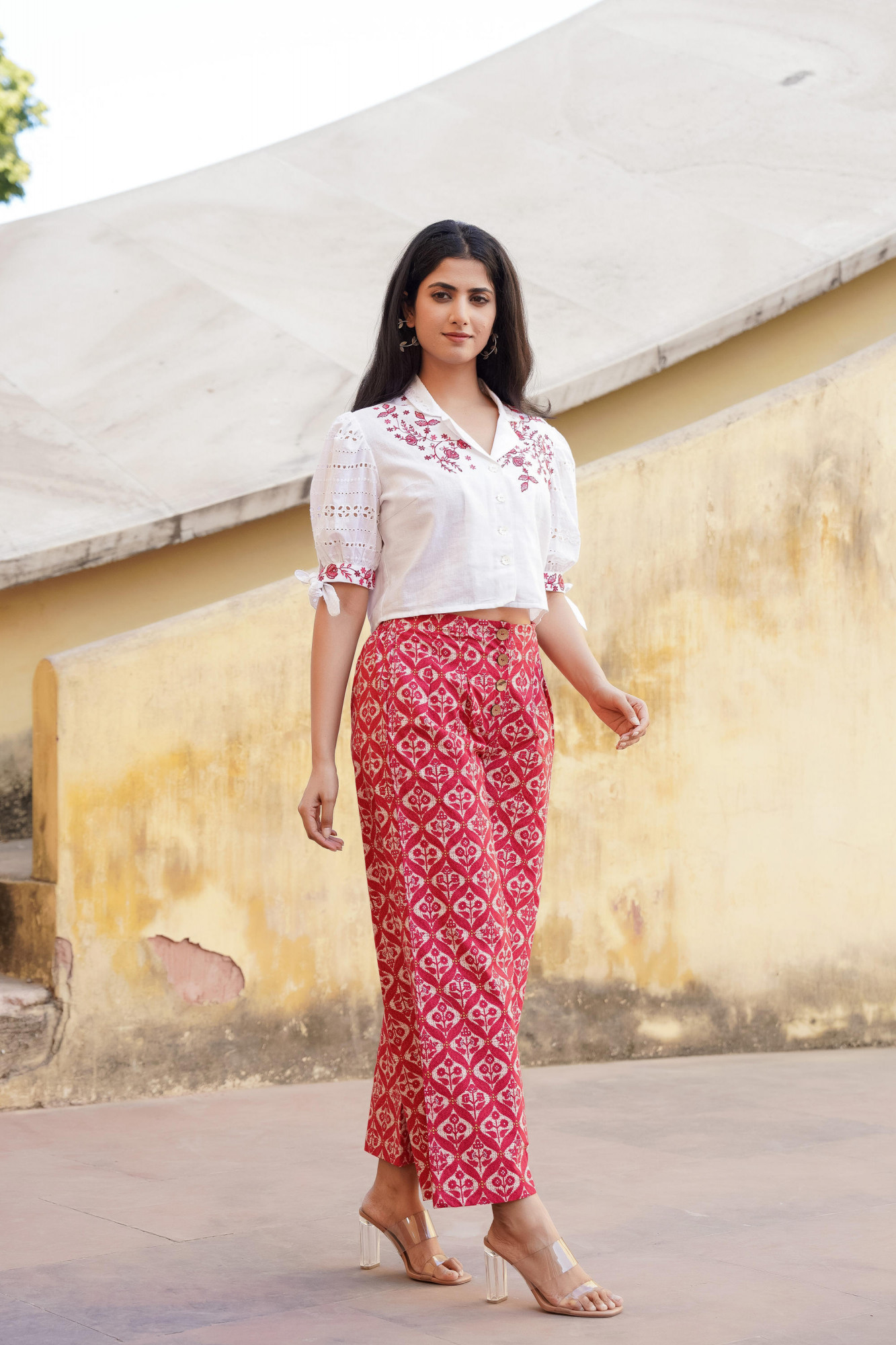 Off White & Maroon Floral Printed Viscose Top & Pant With Thread Work