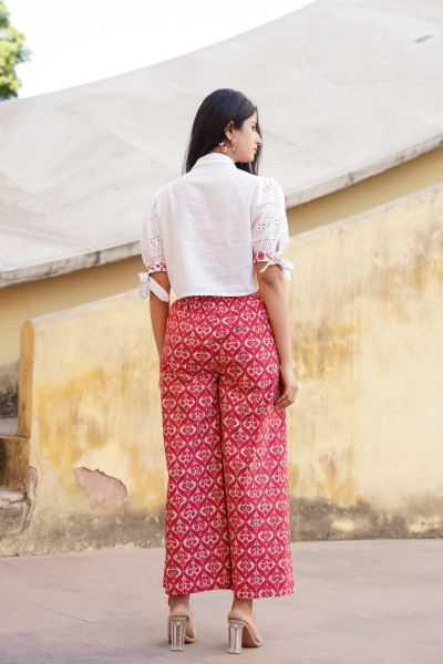 Off White & Maroon Floral Printed Viscose Top & Pant With Thread Work