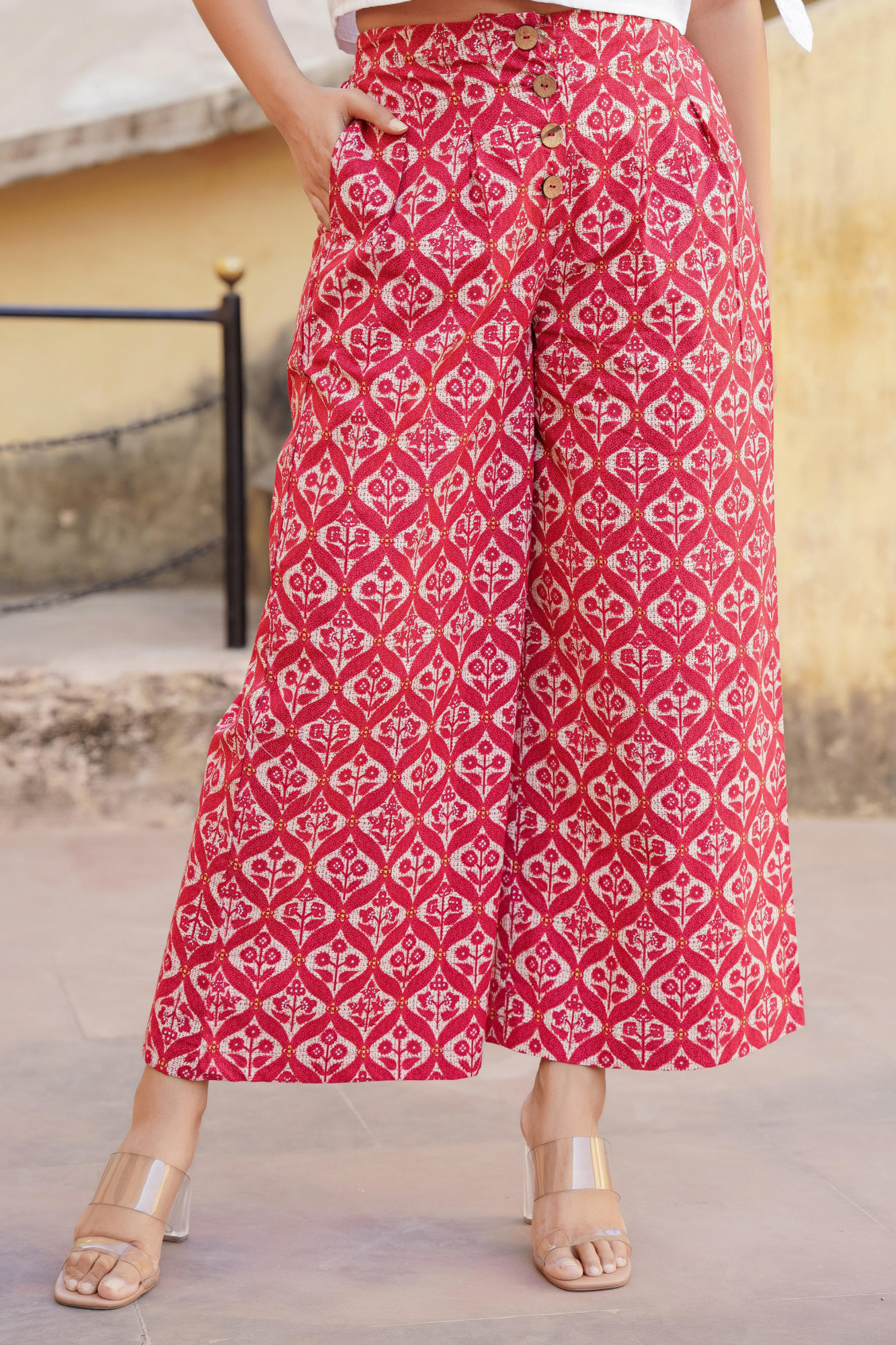 Off White & Maroon Floral Printed Viscose Top & Pant With Thread Work