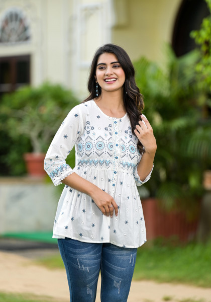White Ethnic Motif Printed Cotton Tunic With Lace & Buttons