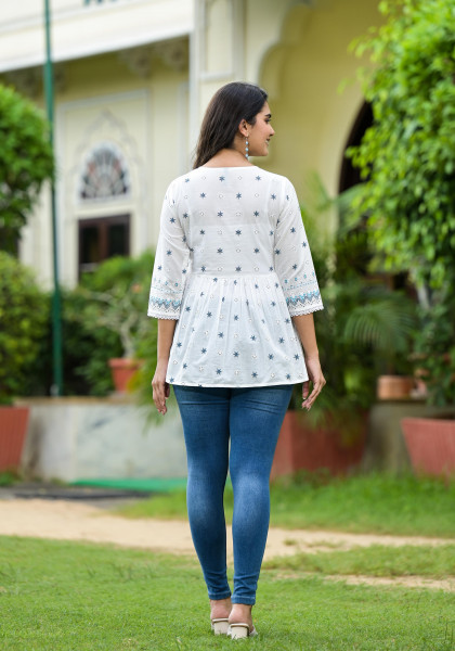 White Ethnic Motif Printed Cotton Tunic With Lace & Buttons