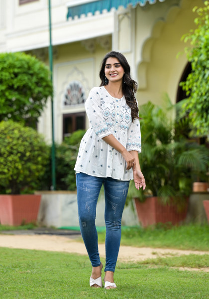 White Ethnic Motif Printed Cotton Tunic With Lace & Buttons