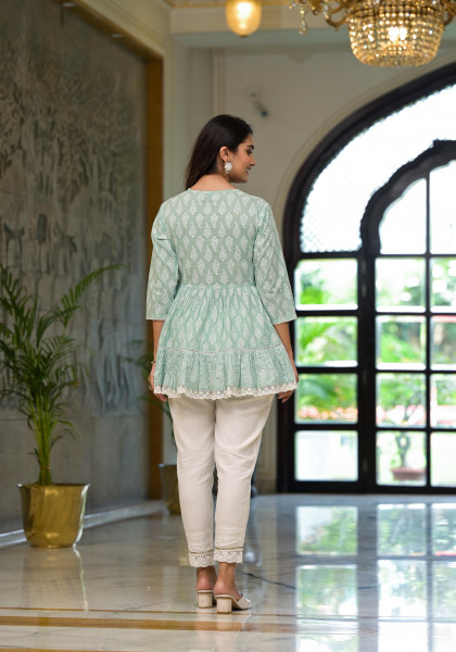 Green Ethnic Motif Printed Cotton Tunic With Lace & Doris