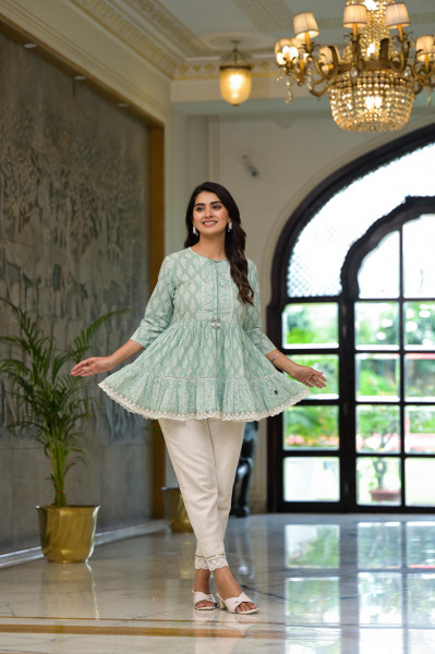 Green Ethnic Motif Printed Cotton Tunic With Lace & Doris