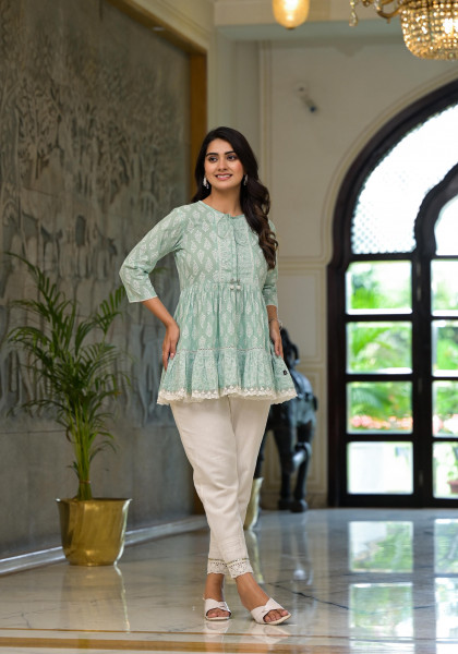 Green Ethnic Motif Printed Cotton Tunic With Lace & Doris