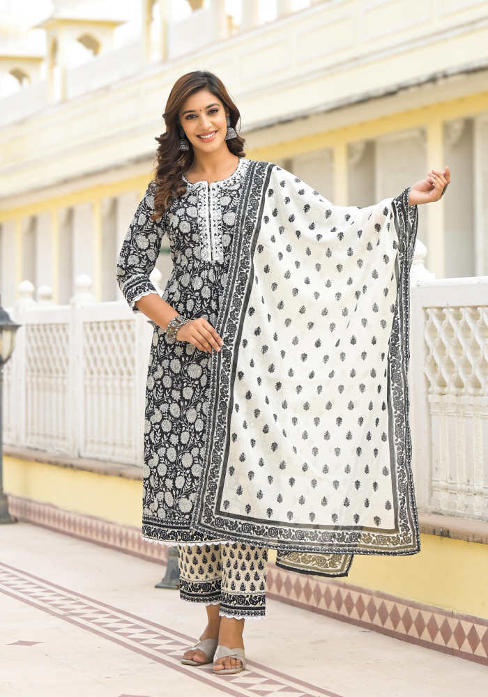 Black Floral Printed Cotton Kurta Pant And Dupatta Set With Thread Work