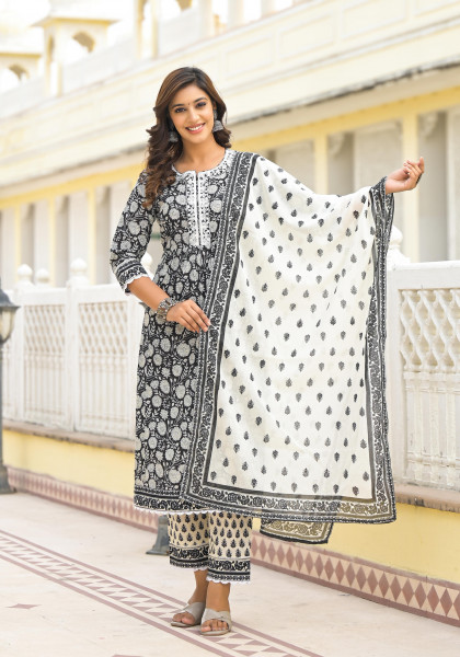 Black Floral Printed Cotton Kurta Pant And Dupatta Set With Thread Work