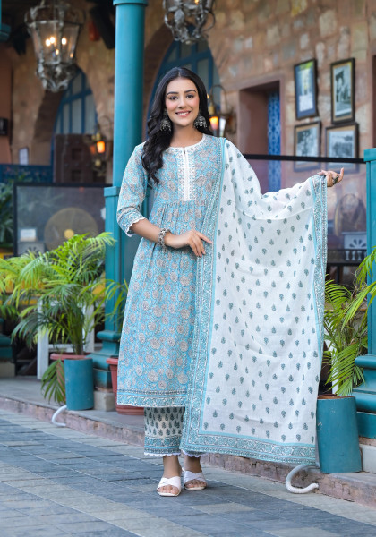 Sea Green Floral Printed Cotton Kurta Pant And Dupatta Set With Thread & Mirror Work
