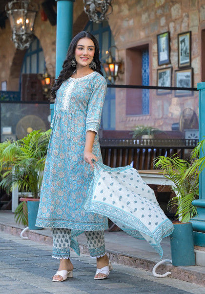 Sea Green Floral Printed Cotton Kurta Pant And Dupatta Set With Thread & Mirror Work