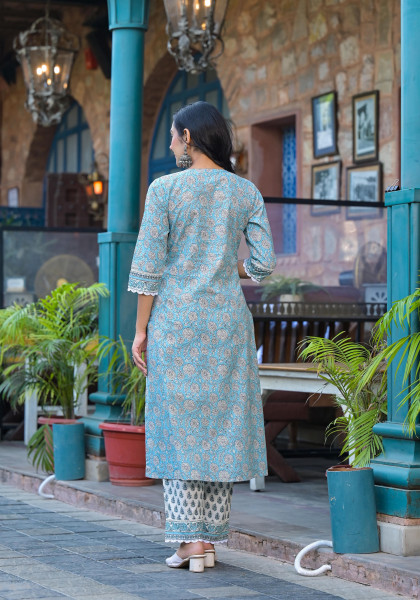 Sea Green Floral Printed Cotton Kurta Pant And Dupatta Set With Thread & Mirror Work