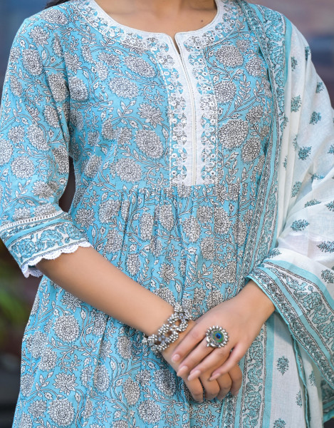 Sea Green Floral Printed Cotton Kurta Pant And Dupatta Set With Thread & Mirror Work