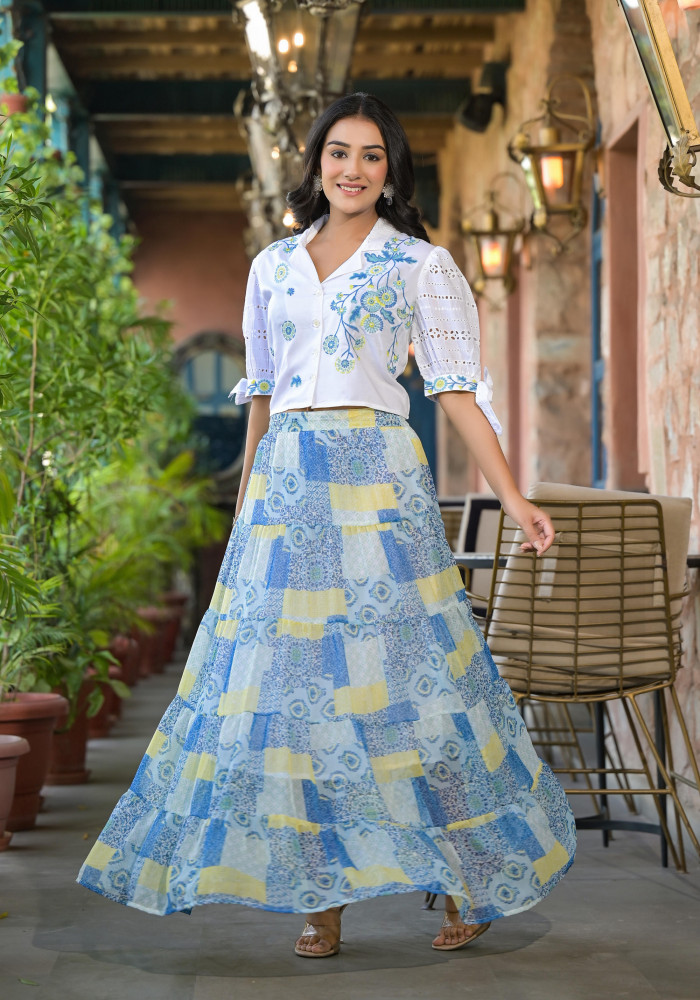 White & Blue Ethnic Motif Printed Top & Skirt With Thread Work