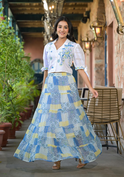 White & Blue Ethnic Motif Printed Top & Skirt With Thread Work