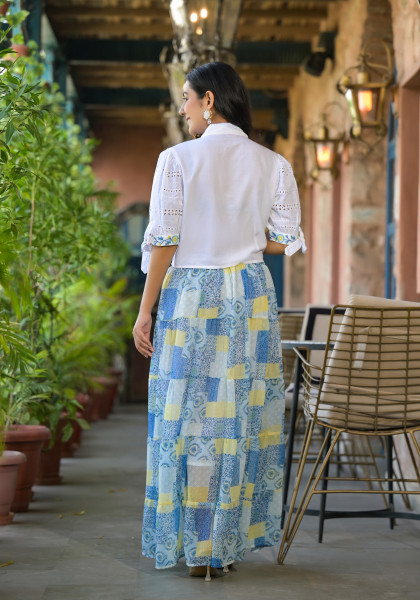 White & Blue Ethnic Motif Printed Top & Skirt With Thread Work