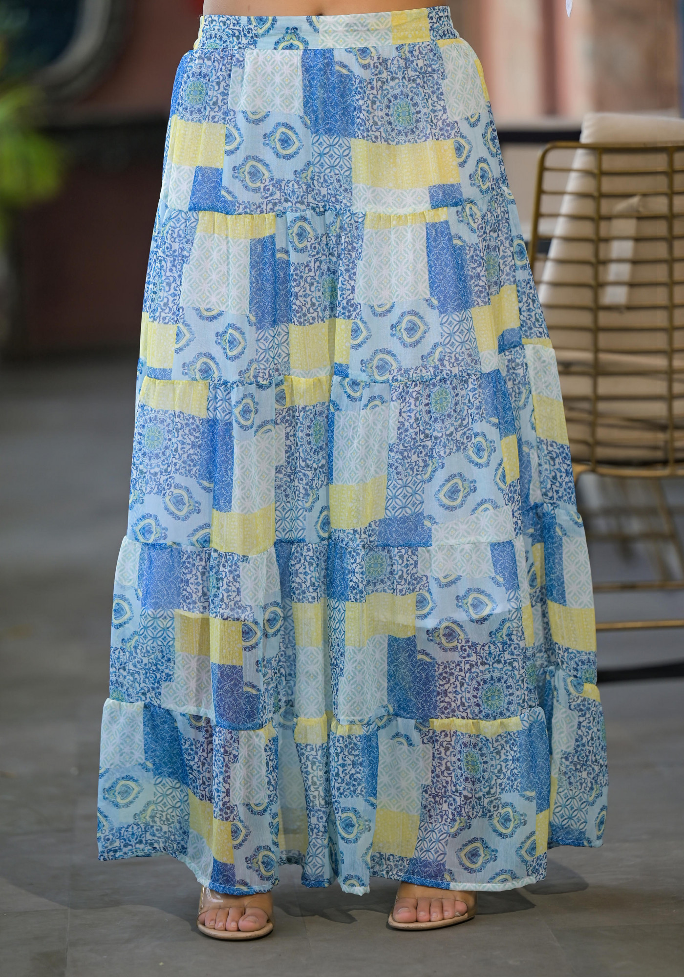 White & Blue Ethnic Motif Printed Top & Skirt With Thread Work