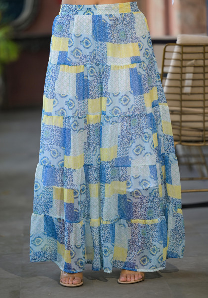 White & Blue Ethnic Motif Printed Top & Skirt With Thread Work
