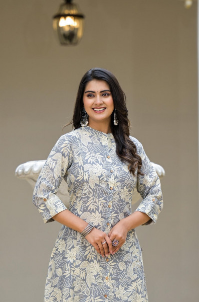 Grey Floral Printed Cotton Kurta Set With Buttons