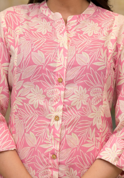 Pink Floral Printed Poly Cotton Kurta and Pant Set