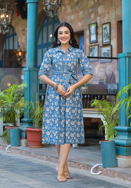Blue Floral Printed Cotton Short Dress With Belt
