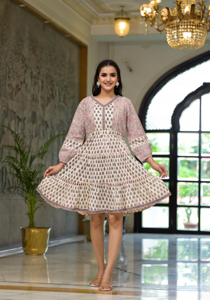 Pink Ethnic Motif Printed Cotton Dress With Lace & Doris