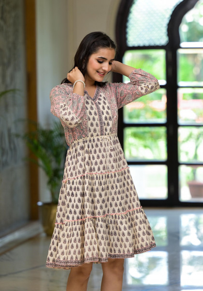 Pink Ethnic Motif Printed Cotton Dress With Lace & Doris