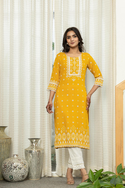 Mustard Ethnic Motif Printed Viscose Kurta  With Lace