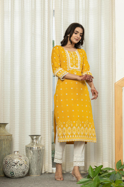 Mustard Ethnic Motif Printed Viscose Kurta  With Lace