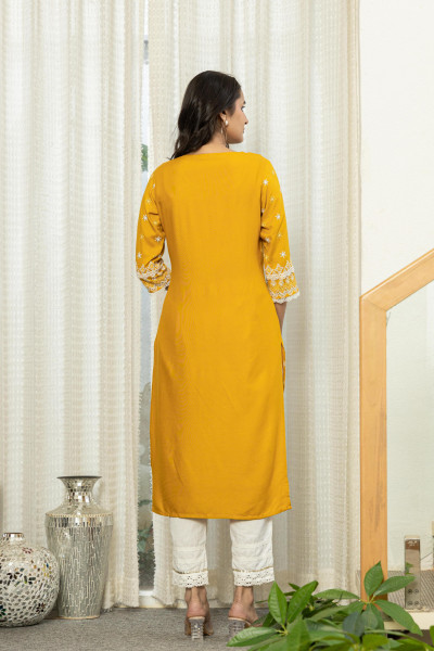 Mustard Ethnic Motif Printed Viscose Kurta  With Lace