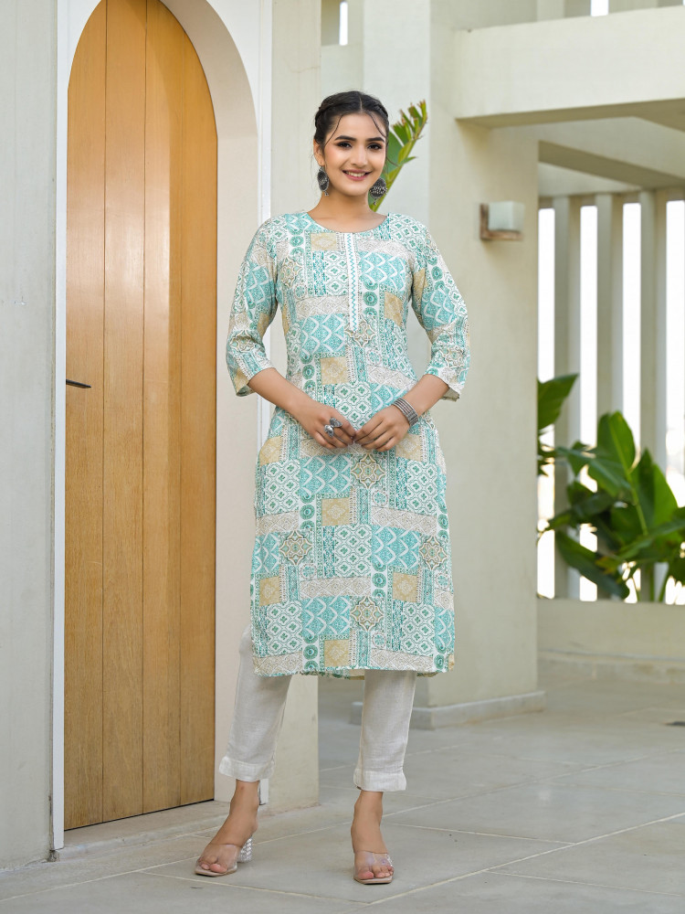 Mint Green Ethnic Motif Printed Viscose Kurta With Sequins &amp; Thread Work