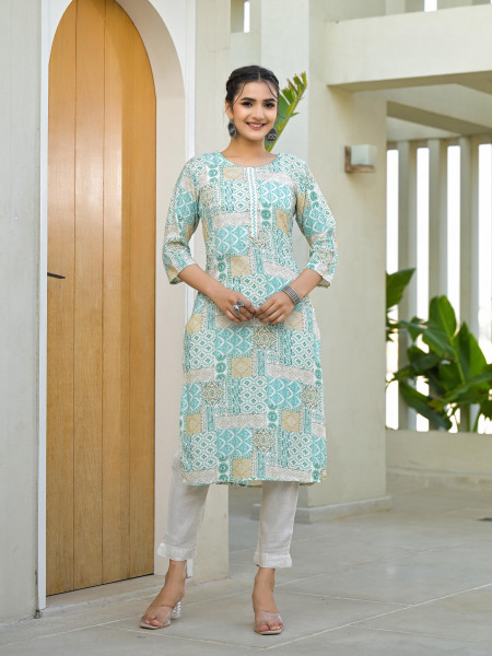 Mint Green Ethnic Motif Printed Viscose Kurta With Sequins & Thread Work